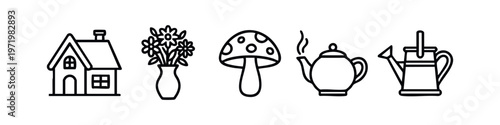 Simple line art icons of a house, flowers in a vase, mushroom, teapot, and watering can, symbolizing home and garden.