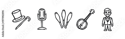 Hand-drawn entertainment icons: a top hat and cane, microphone, juggling clubs, banjo, and a performing male figure.