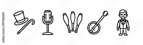 Clean line art icons for entertainment: top hat and cane, microphone, juggling clubs, banjo, and a formal male figure.