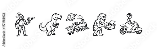 Hand-Drawn Time Travel and Anachronism Icons: Historical and Futuristic Contrasts