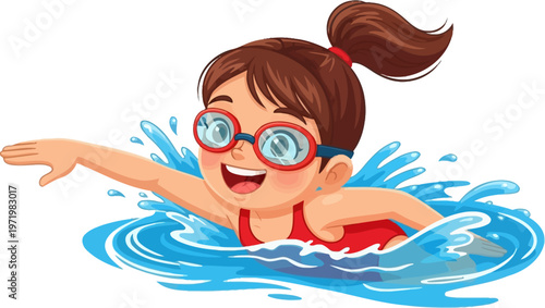 Cheerful cartoon girl with brown hair and red goggles swimming happily in blue water, enjoying a refreshing summer activity.