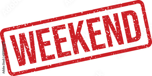 Distressed red rectangular rubber stamp featuring the word WEEKEND prominently displayed for leisure concepts