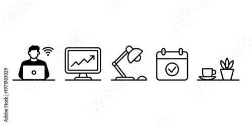 Workspace Productivity Icons Set Remote Work Laptop Analytics Calendar Desk Vector Collection