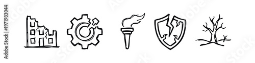 Hand-Drawn Crisis and Destruction Icons: Failure, Conflict, Environmental Issues, and Challenges