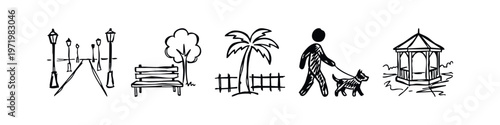 Hand-Drawn Park and Urban Leisure Icons: Outdoors, Relaxation, City Life, and Public Spaces