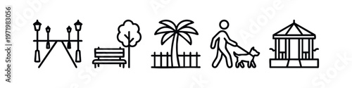 Park and outdoor recreation icons set. Lamppost, bench, palm tree, dog walker, and carousel vector symbols.