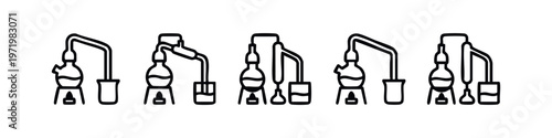 Clean outline chemistry distillation apparatus illustrations. Vector lab glassware and scientific process icons.
