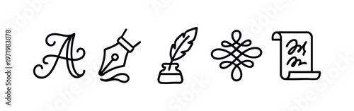 Clean outline writing and calligraphy icons set. Vector quill, inkwell, pen nib, flourish, and scroll symbols.
