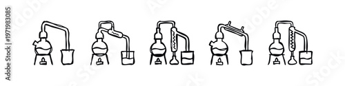 Hand-drawn sketchy chemistry distillation apparatus illustrations. Lab glassware and scientific process doodles.