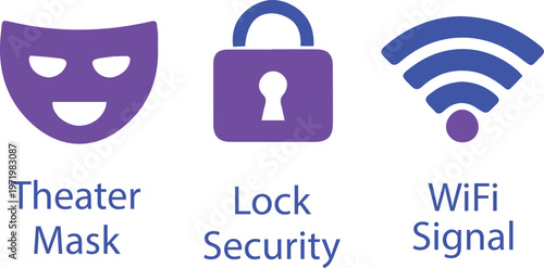 Flat vector icon set featuring theater comedy mask security padlock and wifi signal symbols isolated on white background