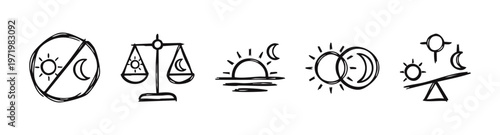 Hand-drawn sketchy sun and moon icons set. Day, night, balance, and celestial concepts doodle symbols.