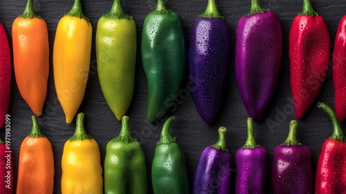 Colorful Array of Fresh Chili Peppers on Dark Background