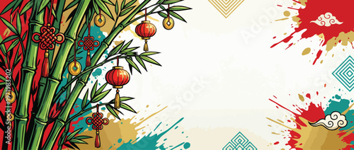 Chinese New Year Bamboo Branches with Lanterns and Lucky Knots