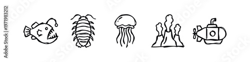 Clean Line Art Deep Sea Creatures and Exploration Icons Collection with Anglerfish, Squid, Jellyfish, Submarine, and Diver.