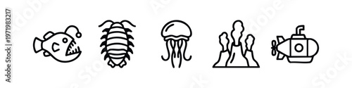 Hand-Drawn Doodle Icons of Deep Sea Life and Underwater Features including Anglerfish, Isopod, Jellyfish, Hydrothermal Vents, and Submarine.