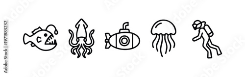 Hand-Drawn Deep Sea Creatures and Exploration Doodle Icons Set with Anglerfish, Squid, Jellyfish, Submarine, and Diver.