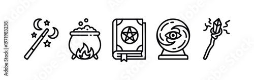 Magic and Witchcraft Line Art Icons Set with Wand, Cauldron, Spellbook, Crystal Ball, and Staff.