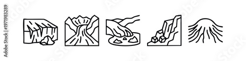 Clean Line Art Icons of Nature Landscapes and Geology - Earth Forms and Natural Phenomena Vector Set