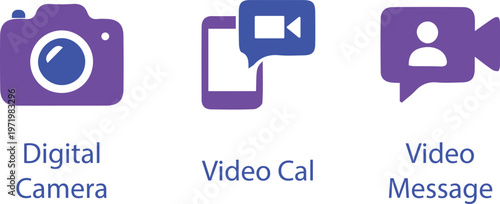 Modern vector icon set including digital camera video call and message symbols for communication and photography design