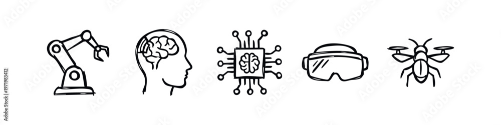 Fototapeta premium Hand-Drawn Icons for AI, Robotics, Virtual Reality, and Drone Technology