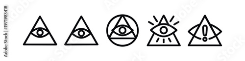 Line Art Icons for Illuminati, All-Seeing Eye, and Warning Symbols