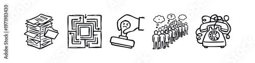 Hand-Drawn Icons for Bureaucracy, Complex Problems, and Communication Issues
