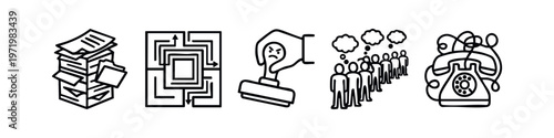 Line Art Icons Representing Bureaucracy, Complexity, and Communication Challenges