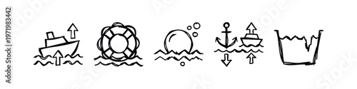 Hand Drawn Brush Stroke Water and Sea Icons Set