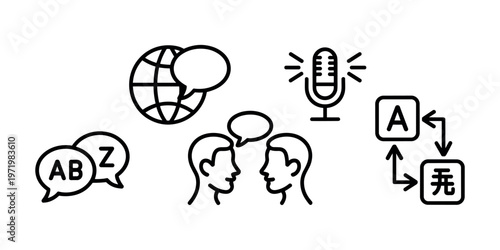 Language Translation Icons Set Global Chat Microphone Conversation Translate Symbols Vector