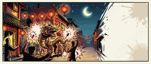 Chinese New Year Dragon Dance Parade in a Festive City Street at Night