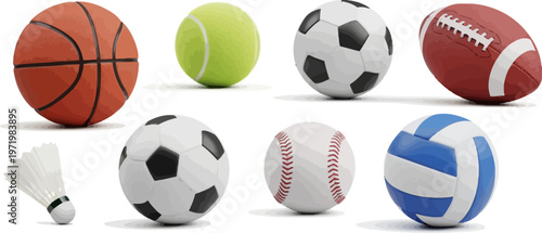 A diverse collection of popular sports equipment including balls and a shuttlecock, rendered on a clean white background.