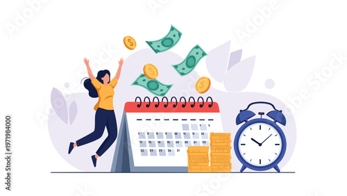 Happy woman celebrating financial success or a payday next to a large calendar, alarm clock, stacks of coins, and falling banknotes.