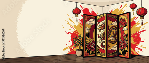 Chinese New Year Folding Screen with Dragon and Lanterns Corner Composition