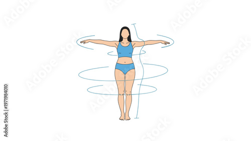 Slender woman in blue athletic wear demonstrating body rotation or hula hoop exercise for core strength and fitness on a white background.
