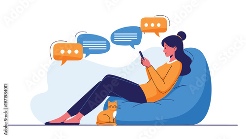 Relaxed young woman sitting in a blue beanbag chair and messaging on her smartphone with floating speech bubbles and a pet cat.