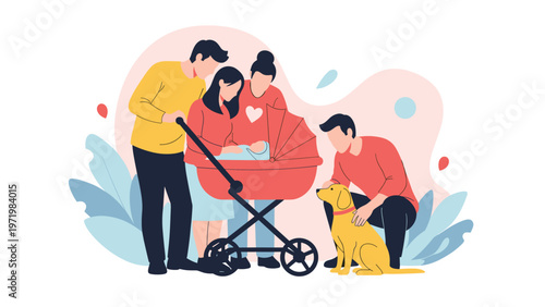 Diverse group of family members or friends gathered around a baby in a red stroller with a friendly golden retriever dog nearby.