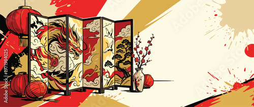 Chinese New Year Folding Screen with Dragon Cranes and Blossom Decoration
