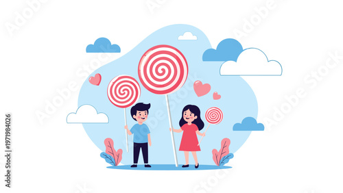 Two happy children, a boy and a girl, holding giant colorful swirl lollipops in a whimsical outdoor setting with clouds and hearts.