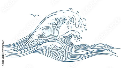 Beautiful artistic illustration of powerful ocean waves crashing with a solitary bird flying above the sea in minimalist line art style.