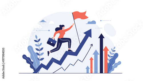 Determined businesswoman running up a rising graph arrow holding a red flag and a briefcase symbolizing career success and goal achievement.