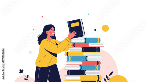 Ambitious student or scholar adding a textbook to a tall stack of books, representing extensive research and commitment to lifelong learning.