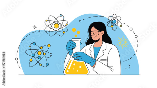 Professional female scientist conducting chemical experiment and liquid analysis with glass flask in advanced research laboratory environment.