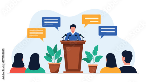 Important press conference or corporate announcement event with speaker at podium addressing journalists and guests in seminar hall.