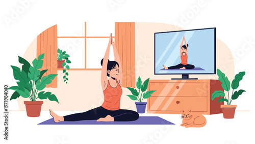 Healthy lifestyle and fitness from home concept with young woman practicing yoga on a mat while following online tutorial on television.