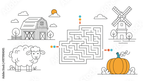 Educational farm themed activity worksheet for kids featuring barn, windmill, cute sheep, pumpkin, and a central path finding maze puzzle.