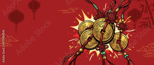 Chinese New Year Gold Coin Charms with Festive Accents and Red Background
