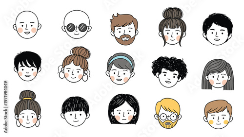 Diverse collection of human face portraits representing different ethnicities, ages, and styles in friendly cartoon illustration style.