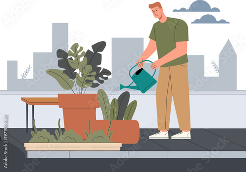 Man watering plants on rooftop garden in urban setting, creating a green oasis amidst city skyline