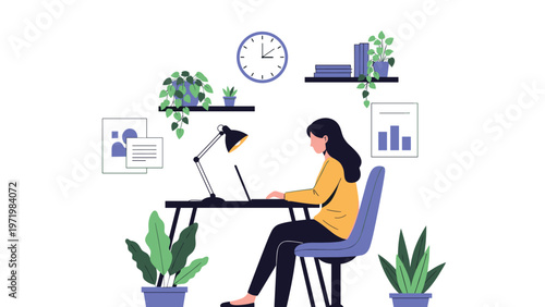 Professional woman focusing on her laptop while working from a home office filled with indoor plants and modern decorative items.