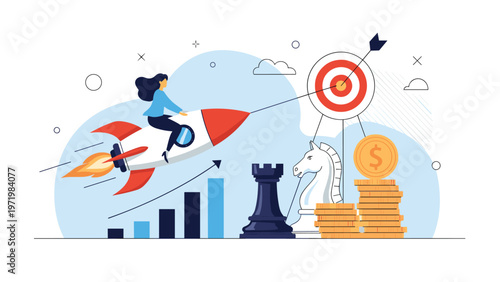 Ambitious businesswoman riding a rocket towards a bullseye target surrounded by chess pieces and stacks of gold coins for success.